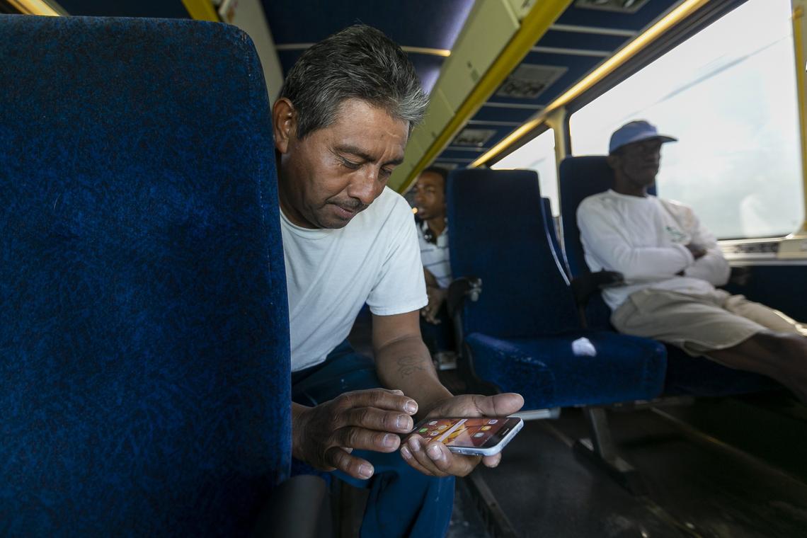 Roberto Lopez, 52, rides the Dade-Monroe Express bus as it makes its way down to Marathon, Florida on Tuesday, August 27, 2019.