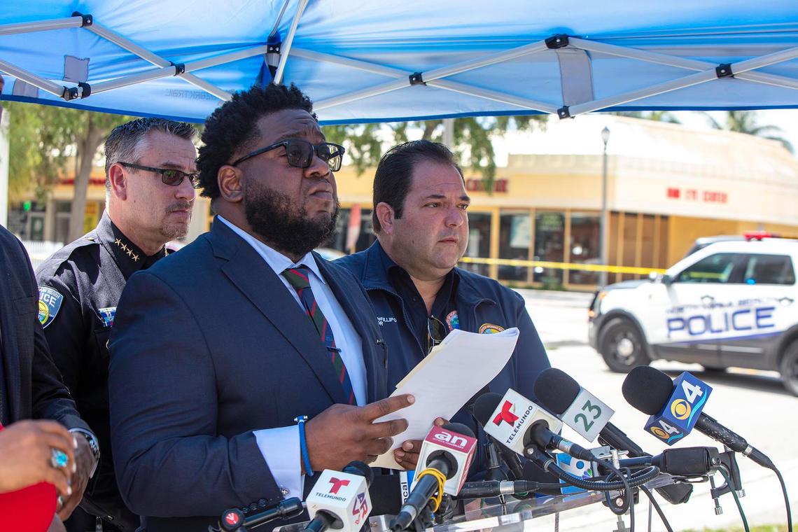 City Manager Arthur H. Sorey III speaks at a press conference at the Crestview Towers Condominium in North Miami Beach on Thursday, July 8, 2021, about the building, which was closed and evacuated last week. Residents will get a brief opportunity to retrieve essential items on Friday — with a police officer as escort.