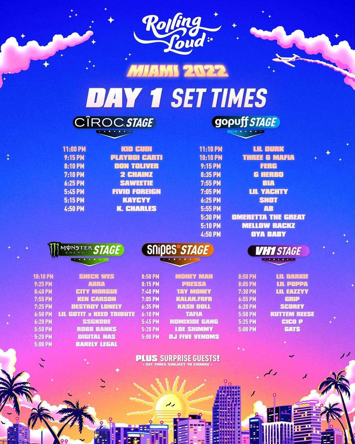 Rolling Loud Day 1, July 22, 2022, lineup for the Miami Gardens Hard Rock Stadium festival.