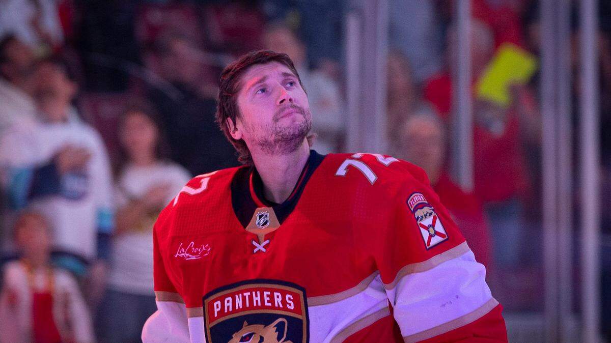 Florida Panthers goaltender Sergei Bobrovsky (72) looks up at fans before the first period of a NHL game against the Boston Bruins on Wednesday, Nov. 22, 2023, at Amerant Bank Arena in Sunrise, Fla.