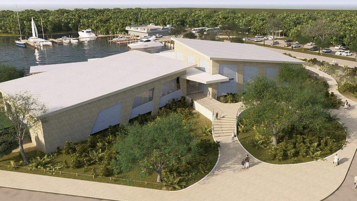 A rendering shows an aerial view of the Discovery Center & Aquarium scheduled to open at John Pennekamp Coral Reef State Park in Key Largo in 2028.