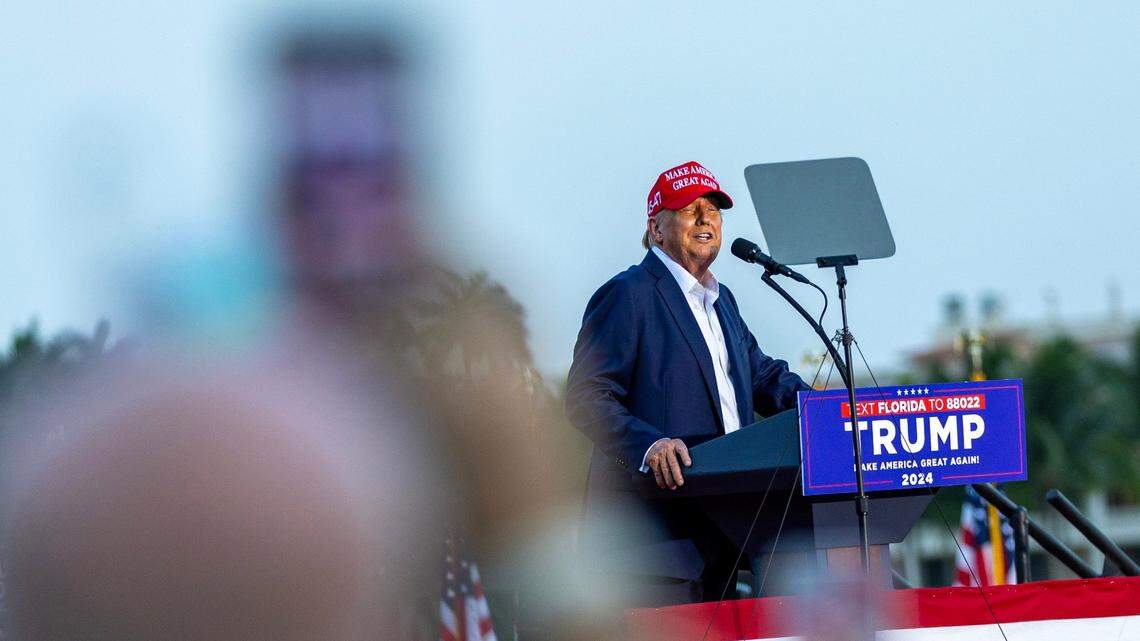 Former President Donald Trump speaks during a rally at Trump National on Tuesday, July 9, 2024, in Doral, Fla.