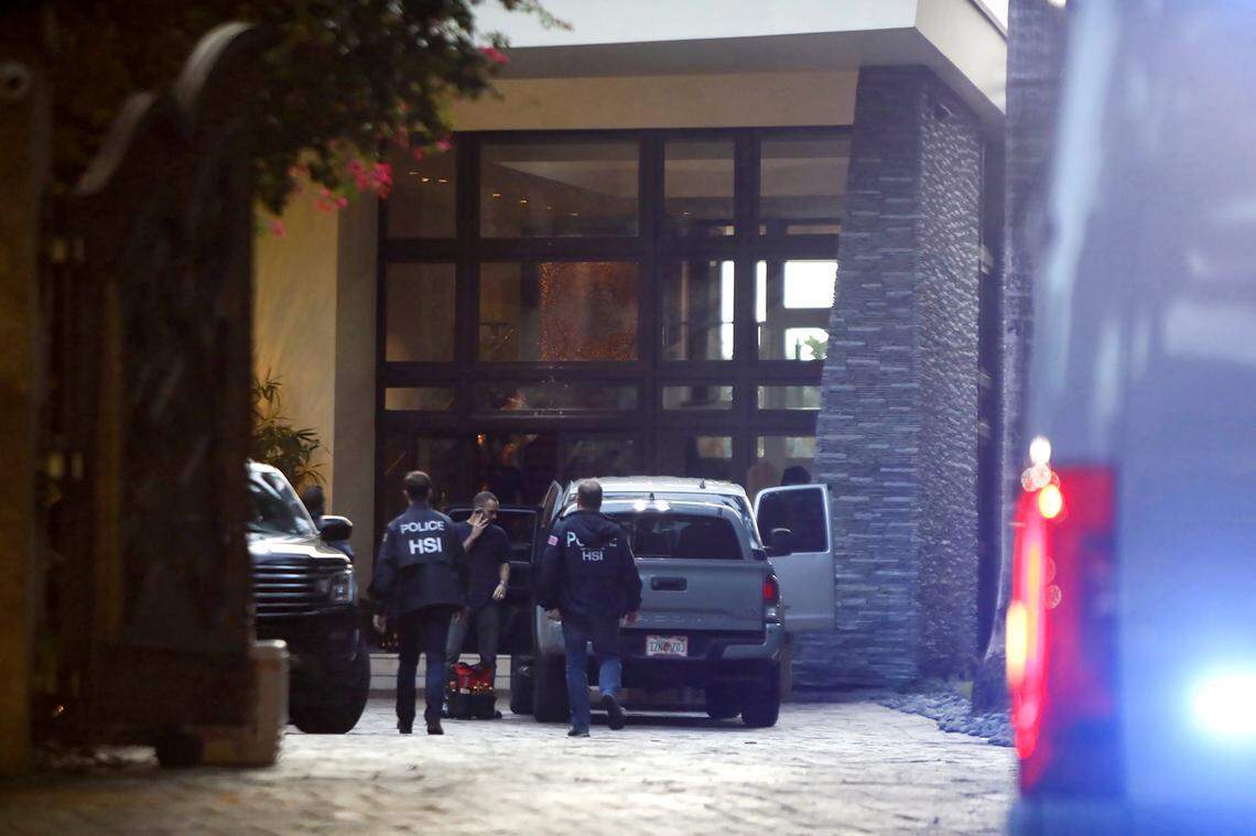 Federal agents outside the two Star Island mansions of Sean ‘Diddy’ Combs on Monday, March 25, 2024, in Miami Beach, Florida. Federal agents raided his two Miami Beach mansions, along with raiding his home in Los Angeles. The raids follow a suit by his ex producer alleging Diddy was engaged in a ‘widespread and dangerous criminal sex trafficking organization