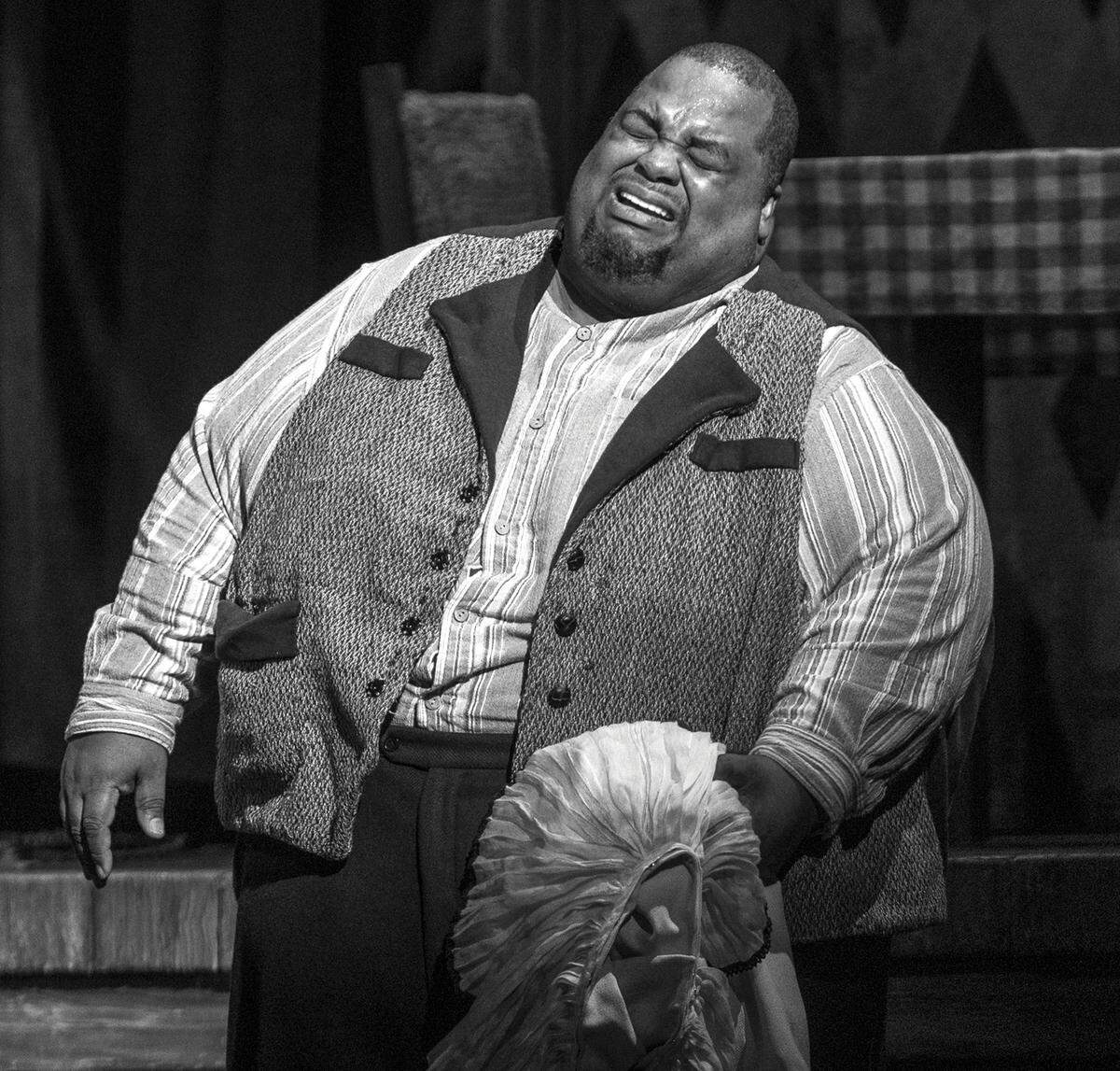 Limmie Pulliam as “Canio” performs the scene of betrayal by “Nedda” during the matinee performance at the Adrienne Arsht Center’s Sanford and Dolores Ziff Ballet Opera House on Sunday, January 28, 2024, in Miami, Florida.
