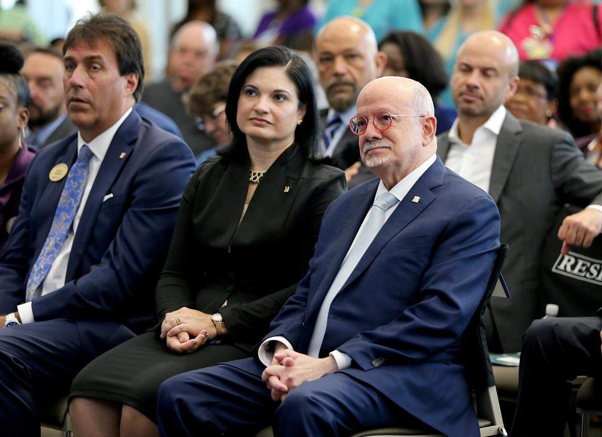 Dr. Bryan Stewart, president of the Medical Campus, Lenore Rodicio, executive vice president and provost of Miami Dade College, and Eduardo J. Padrón, Miami Dade College president, during the ceremony opening of the Center for Learning, Innovation, and Simulation at the MDC Medical Campus on Tuesday July 16, 2019.