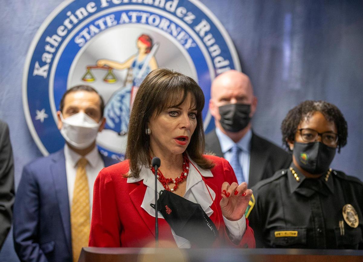 State Attorney for Miami-Dade County Katherine Fernandez Rundle describes how a suspect was kicked in the face by a police officer during an arrest. The press conference was held at the State Attorney’s office to announce the charging of three police officers as the result of three separate investigations on Wednesday, January 12, 2022.