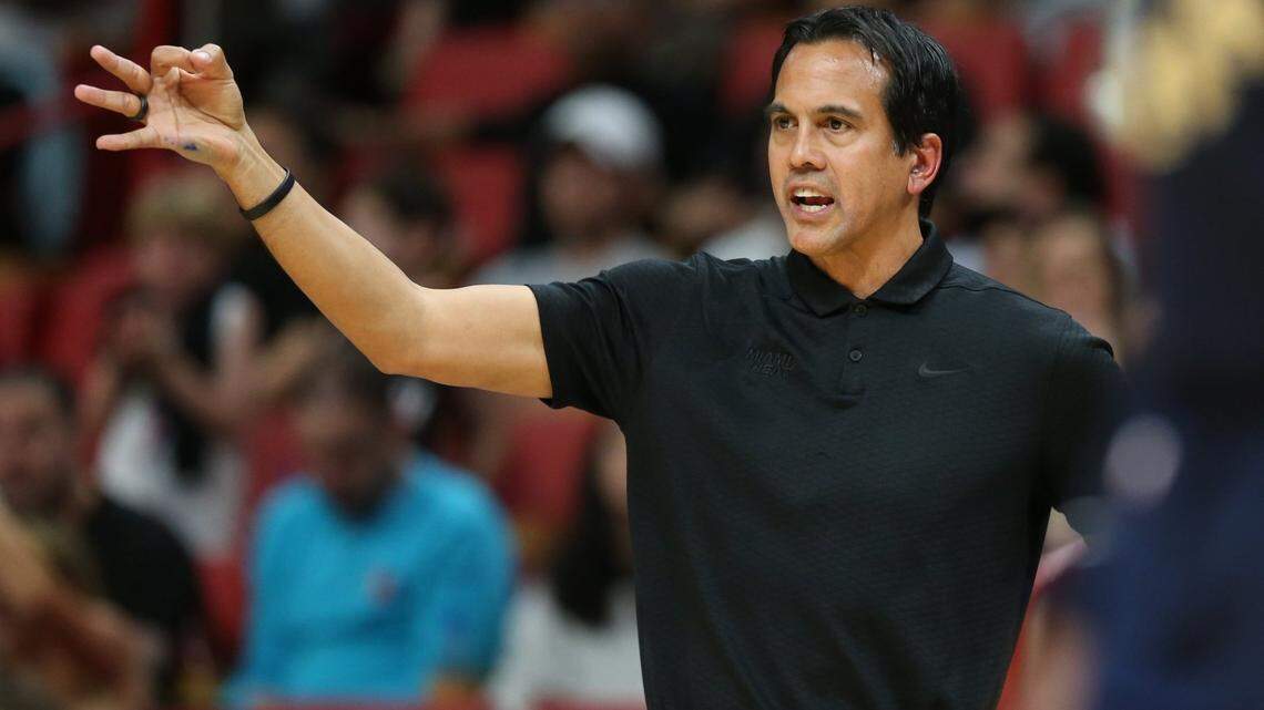 Miami Heat coach Erik Spoelstra gestures during the game against the Indiana Pacers in the fourth quarter at Miami-Dade Arena in Miami, Florida on Wednesday, February 8, 2023.