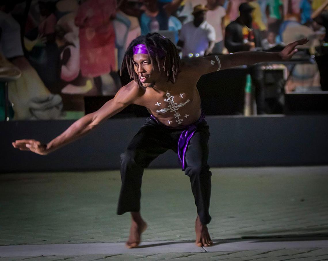 Mike Bebe, a dancer with the NSL Danse Ensemble, performs a traditional dance on Fèt Gede, the Haitian Day of the Dead, at the Little Haiti Cultural Complex on November 2nd.