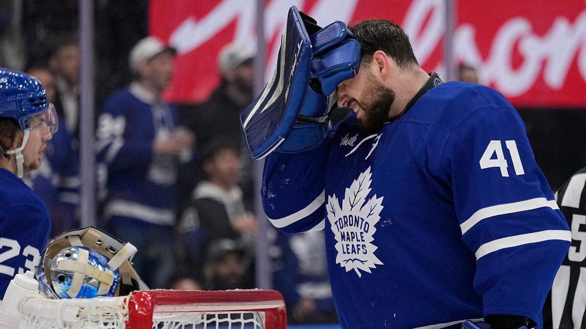 May 5, 2025; Toronto, Ontario, CAN; Toronto Maple Leafs goaltender Anthony Stolarz (41) grimaces after a collission with Florida Panthers forward Sam Bennett (not pictured) during the second period of the second round of the 2025 Stanley Cup Playoffs at Scotiabank Arena. Mandatory Credit: John E. Sokolowski-Imagn Images