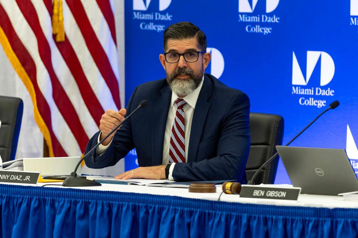 Outgoing Commissioner of Education Manny Diaz Jr. gives his endorsement of Anastasios “Stasi” Kamoutsas as the next commissioner of education during a Florida State Board of Education meeting at Miami Dade College Wolfson Campus park on Wednesday, June 4, 2025, in Miami, Fla.