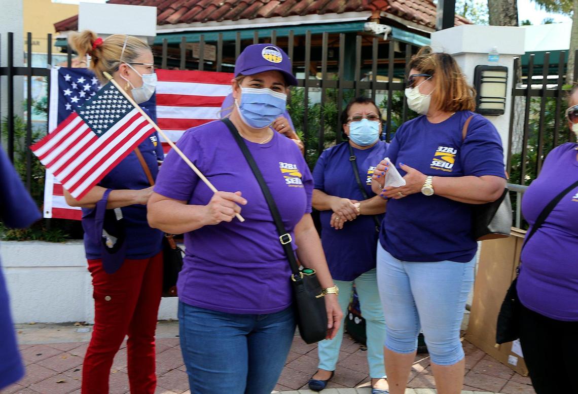 Odeimy Melendres working at the University of Miami School of Medicine was among a group of local workers joined together for the “Latinos for Raise the Wage” rally in front of the Domino Park in Little Havana urging the approval of the amendment 2, a ballot initiative that would raise Floridas minimum wage to $15 an hour by 2026. on October 07, 2020