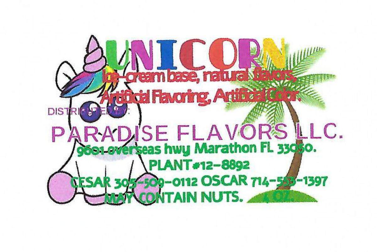 The label for Unicorn flavor ice cream bars from Paradise Flavors
