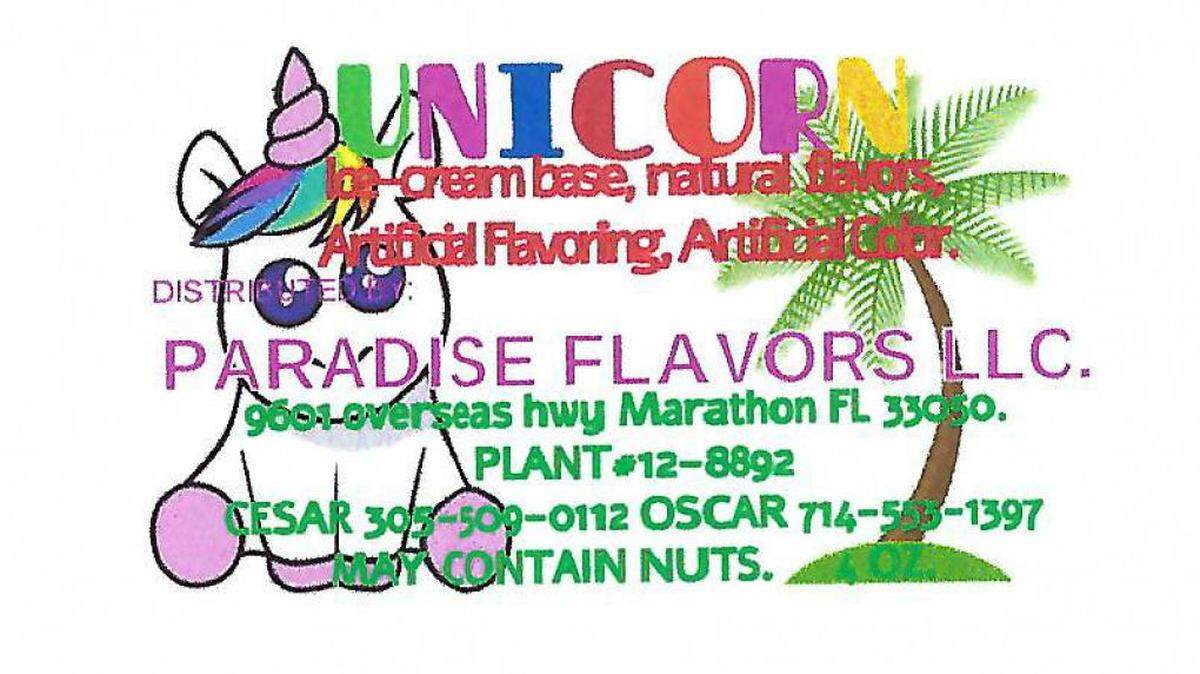 The label for Unicorn flavor ice cream bars from Paradise Flavors