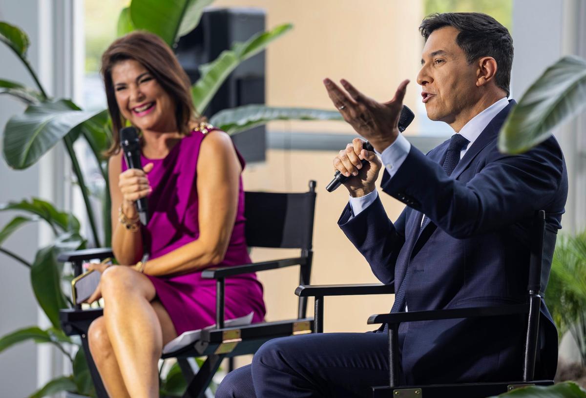 Tom Llamas is interviewed by Jackie Nespral as he visits the NBC 6 South Florida newsroom on Thursday, May 1, 2025, two months after it was announced he would take over as the anchor and managing editor of NBC Nightly News.