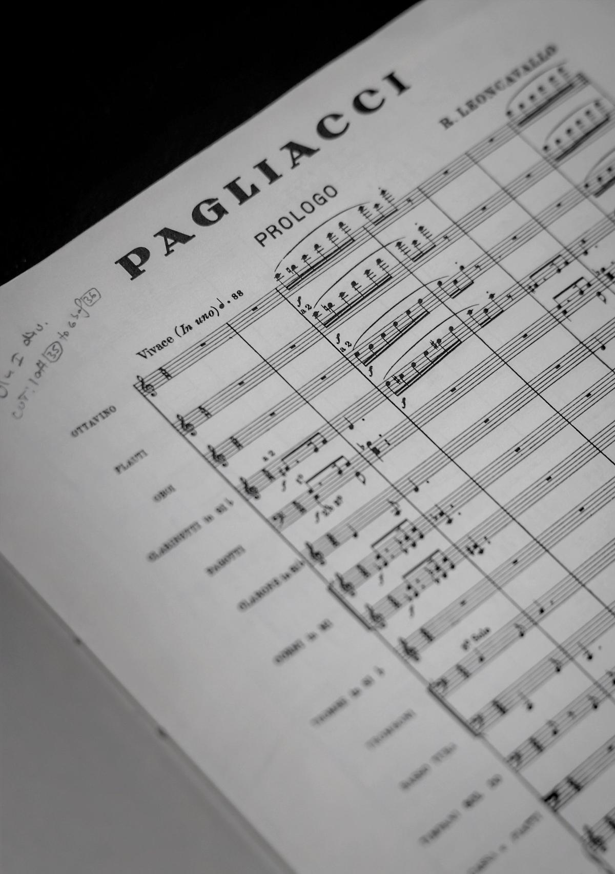 Sheet music for ‘I Pagliacci’ is displayed during rehearsal inside the Balfe Rehearsal Hall in Doral, Florida.