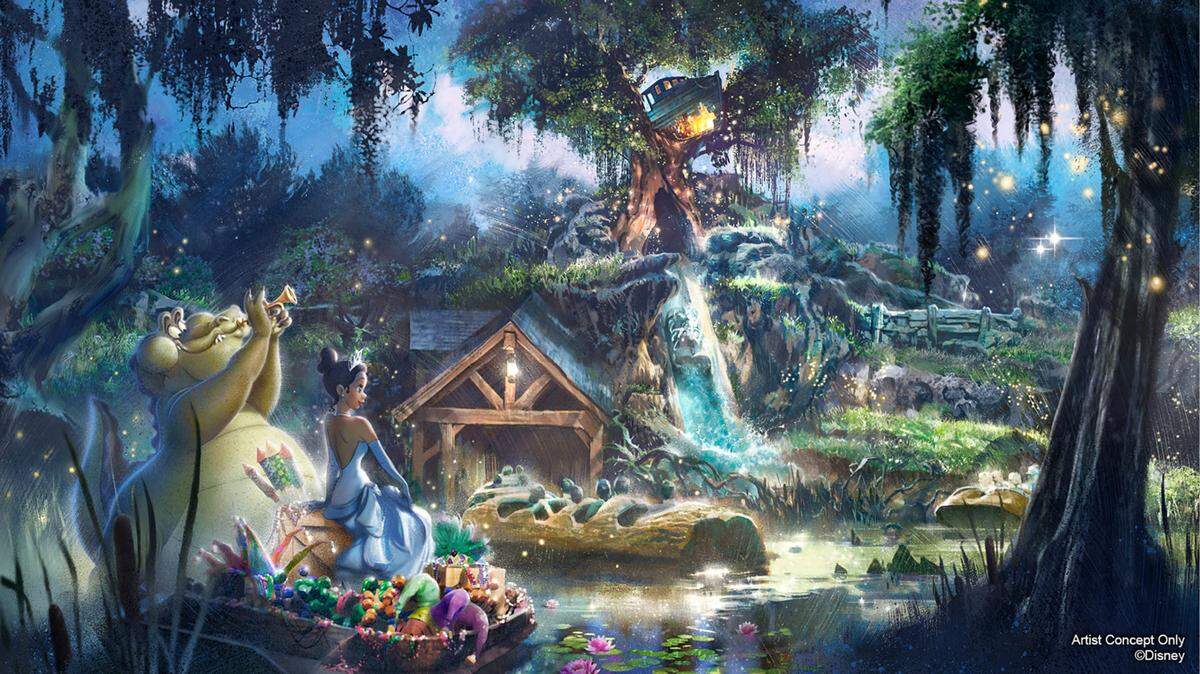This Disney concept art shows the planned retheming of Splash Mountain to The Princess and the Frog, the only Disney film to feature a Black princess.