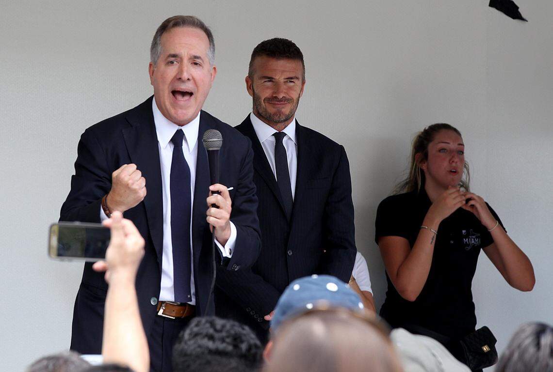 David Beckham and Miami MLS expansion ownership partner Jorge Mas address a crowd of over 100 people ahead of a public hearing on the Major League Soccer stadium proposal in July 2018.