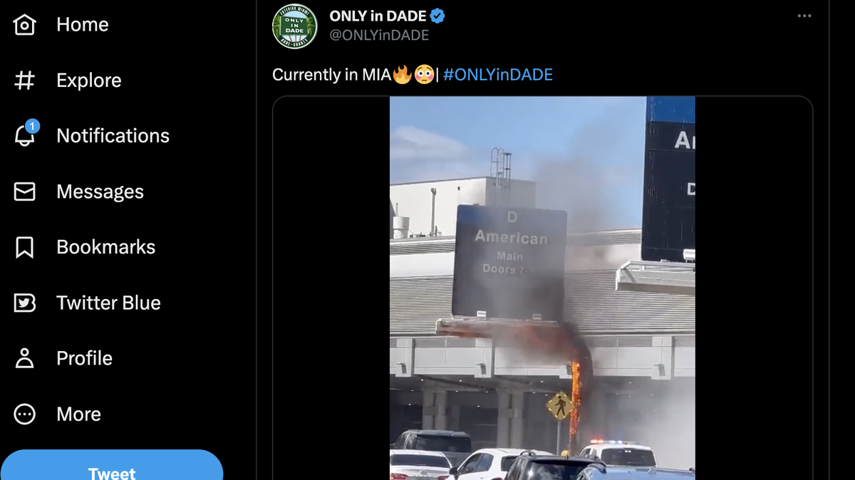 An electric sign caught on fire on the Miami International Airport’s departure level.