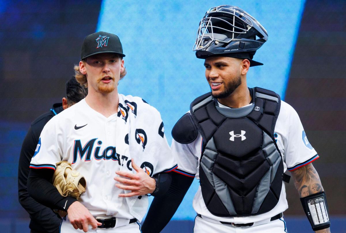 Miami Marlins starting pitcher Max Meyer (23) talks to Miami Marlins catcher Agustín Ramírez (50), who is having his MLB debut, before the first inning of a game on Monday, April 21, 2025, at loan Depot Park. in