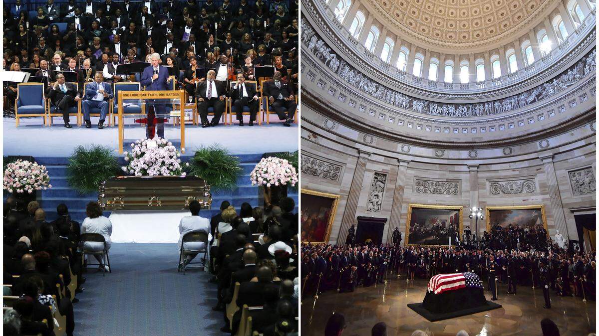 At left, former President Bill Clinton speaks at the funeral for Aretha Franklin in Detroit on Friday, Aug. 31, 2018. At right, the flag-draped casket of Sen. John McCain, R-Ariz., lies in state at the U.S. Capitol, in Washington, D.C., on the same day.