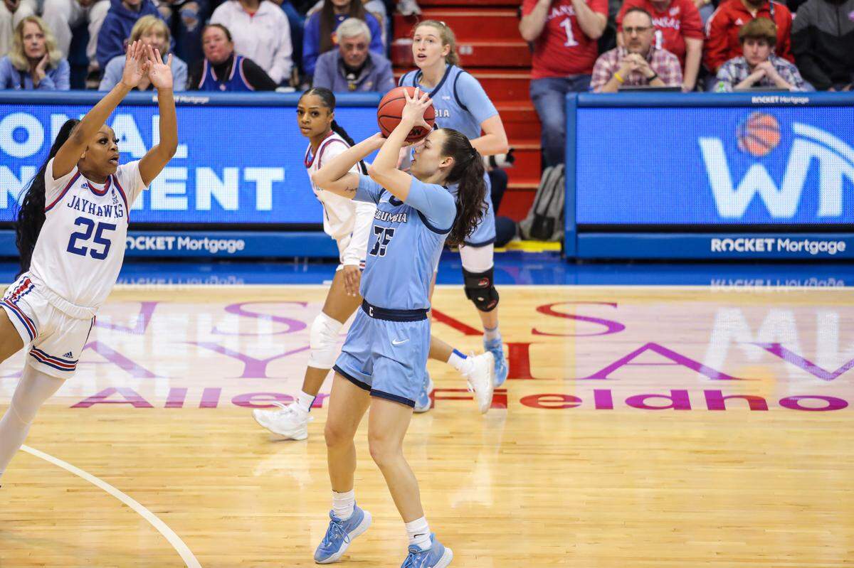 Columbia University senior shooting guard Abbey Hsu, seen here shooting a three-pointer, leads the Ivy League in scoring (21.4), 3-pointers (46) and 3-point percentage (35.4).