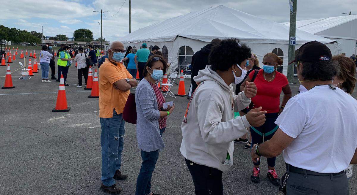 South Florida’s first federal mass vaccination site opened at the North Campus of Miami Dade College. The site is a walk-up, with air-conditioned tents. The two-dose Pfizer or single-dose Johnson & Johnson vaccines are offered. Eligible recipients lined up Thursday, March 4, 2021.