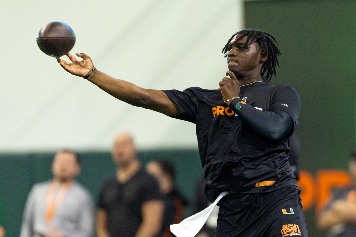 Former Hurricanes QB Cam Ward throws the ball during University of Miami’s Pro Day at Carol Soffer Indoor Practice Facility on Monday, March 24, 2025, in Miami, Florida.
