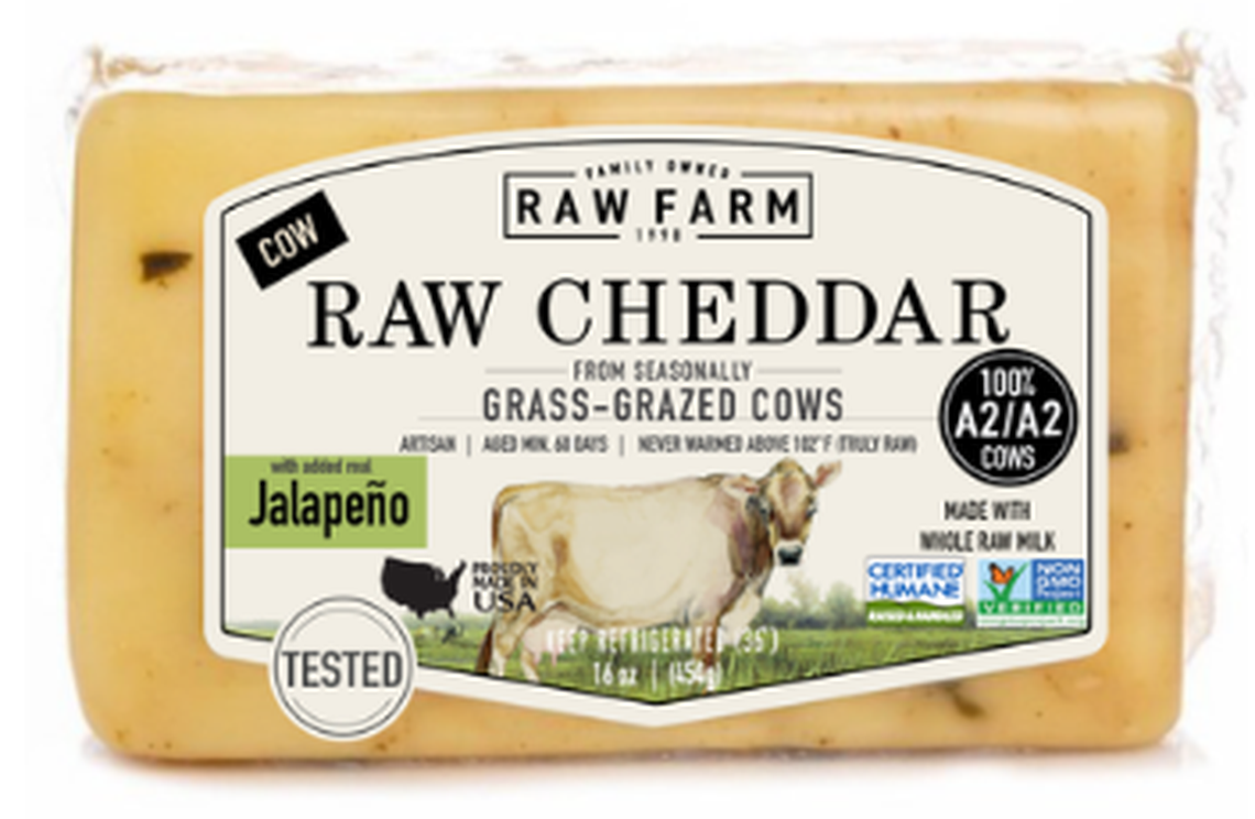 A 16-ounce block of Raw Farm’s Jalapeño Cheddar Block Cheese