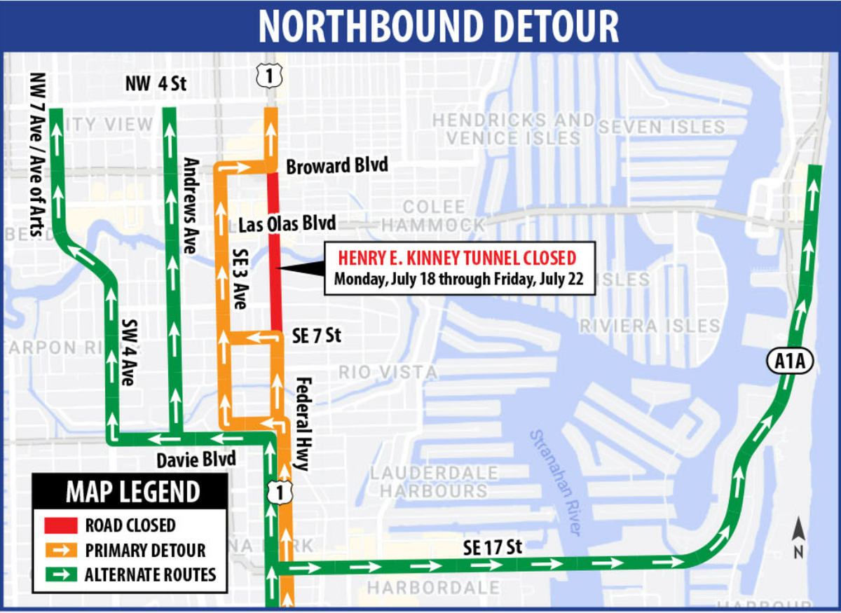 Possible detours if the Henry E. Kinney Tunnel in Downtown Fort Lauderdale is closed.