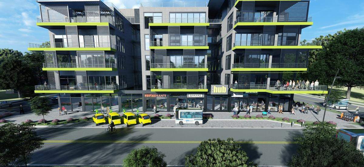 A mobility hub residential space envisioned by WGI city planners would provide mobility options for tenants, such as a fleet of shared electric cars and e-bikes.