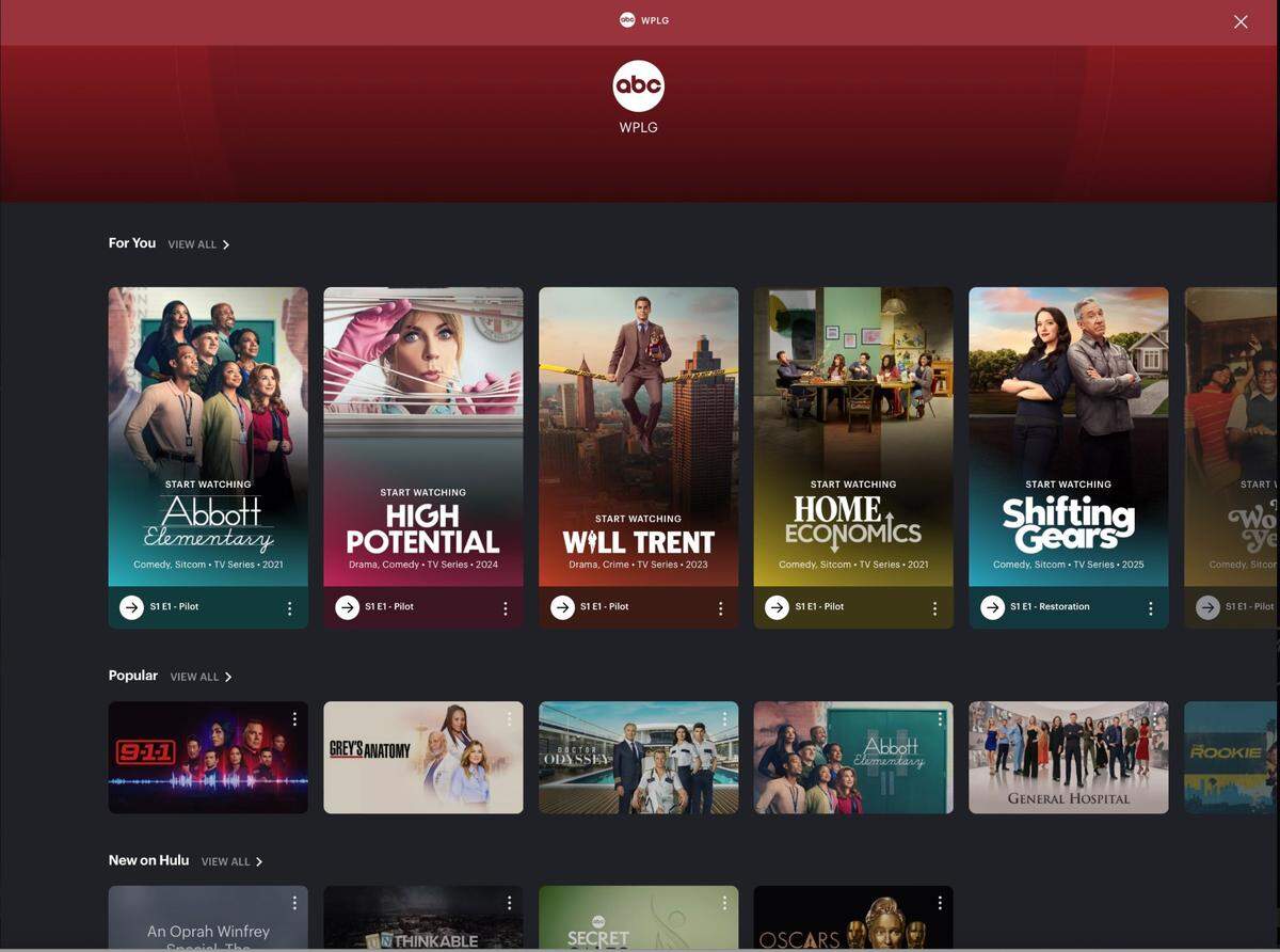 ABC programming, including WPLG Local 10 in Miami’s offerings, are available for streaming via a Hulu subscription as seen in this screenshot from March 21, 2025.