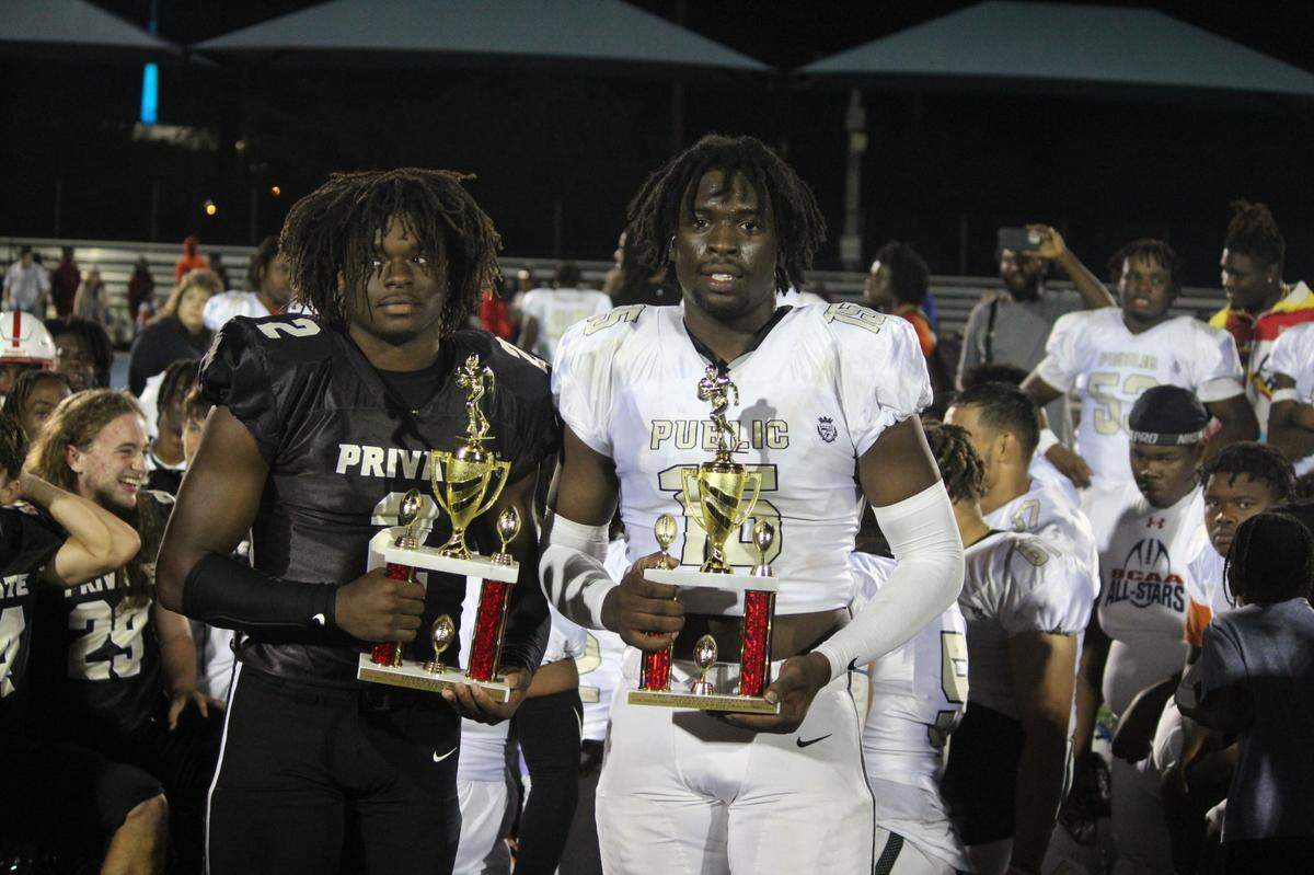 Offensive MVP honors went to Tru Prep Academy Clay Thevenin (left) while Belle Glade Glade Central defensive end Casey Felton Jr. was the game’s Defensive MVP of the 13th annual Private vs. Public All-Star Game at Betty Ferguson Park in Miami Gardens.