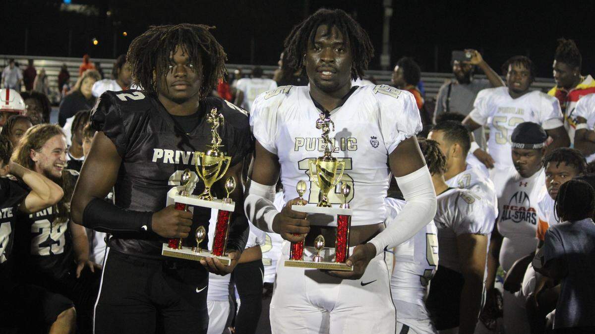 Offensive MVP honors went to Tru Prep Academy Clay Thevenin (left) while Belle Glade Glade Central defensive end Casey Felton Jr. was the game’s Defensive MVP of the 13th annual Private vs. Public All-Star Game at Betty Ferguson Park in Miami Gardens.