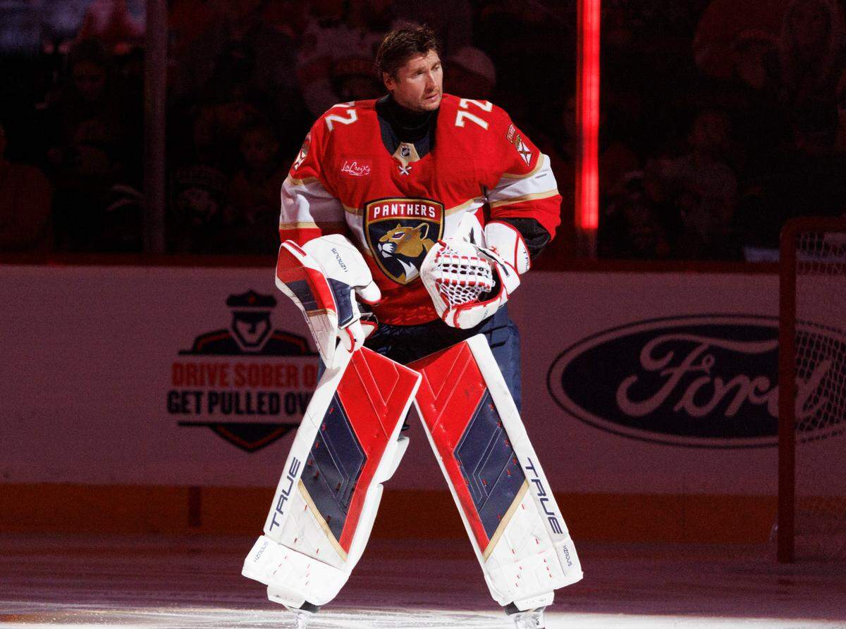 Florida Panthers goaltender Sergei Bobrovsky (72) before the first period of a game on Thursday, Oct. 17, 2024, at Amerant Bank Arena in Sunrise, Fla.