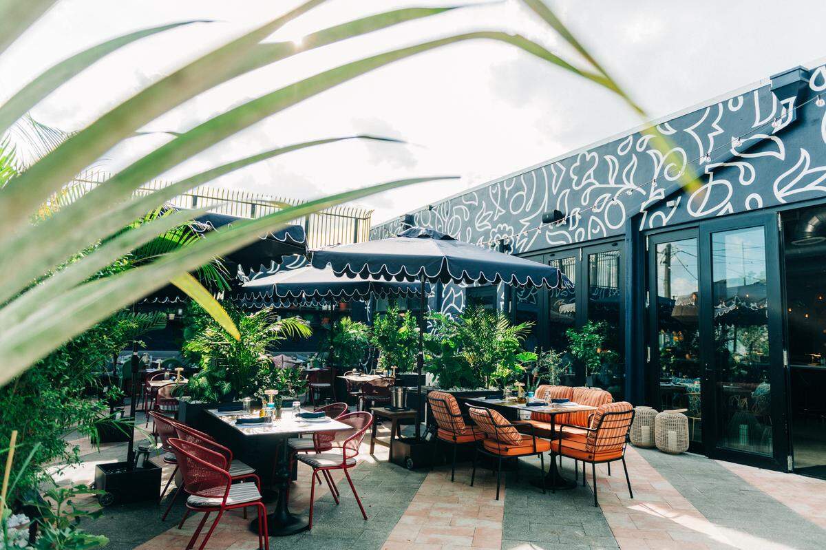 The outdoor patio at Doya pan-Mediterranean restaurant in Wynwood
