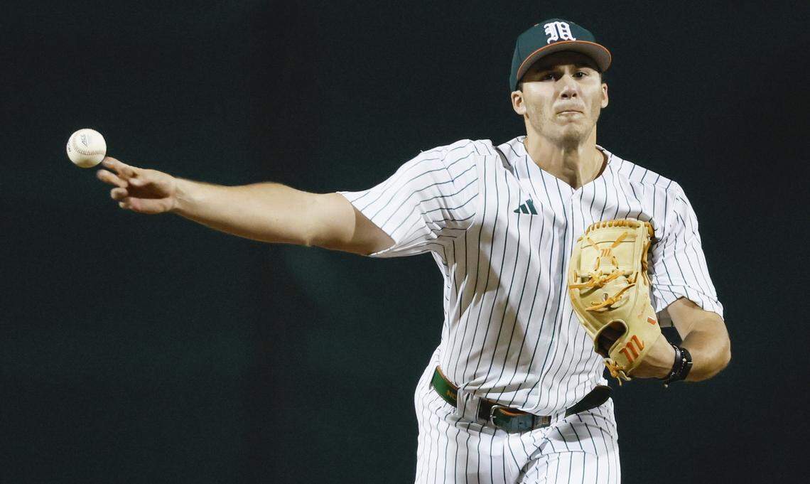 Miami Hurricanes AJ Ciscar (52) pitches in ther first inning against the Lehigh Mountain Hawks during the Hurricanes season opener at Mark Light Field in Coral Gables, Florida, Florida on Friday, February 13, 2026
