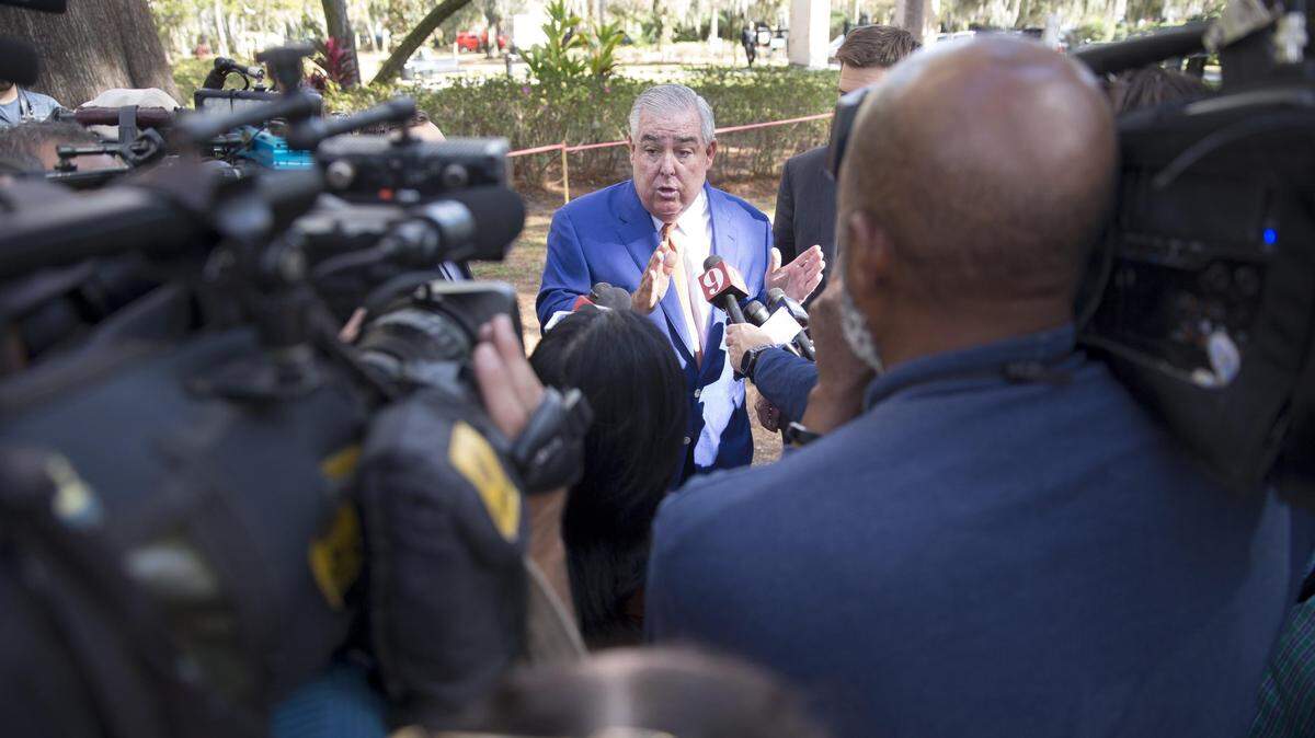 Lawyer John Morgan talks about a plan to pressure state legislators to repeal a law that prohibits smokable forms of medical marijuana at Kraft Azalea Garden in Winter Park, Fla., Thursday, Jan. 17, 2019. Morgan’s next goal is getting Florida’s minimum wage raised to $15 an hour.