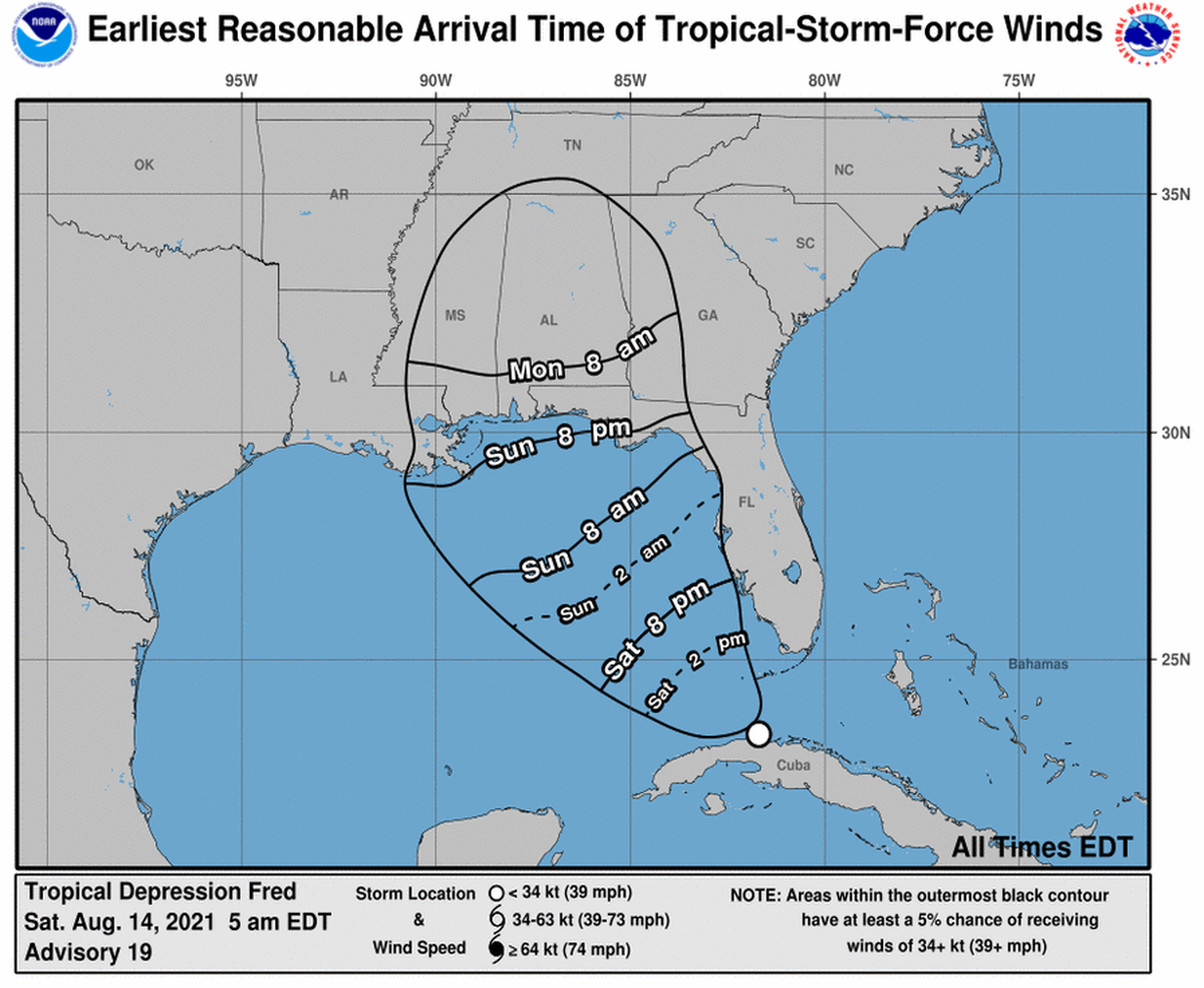 Arrival time of tropical storm-force winds from Fred in the 5 a.m. Saturday, Aug. 14, 2021 advisory.