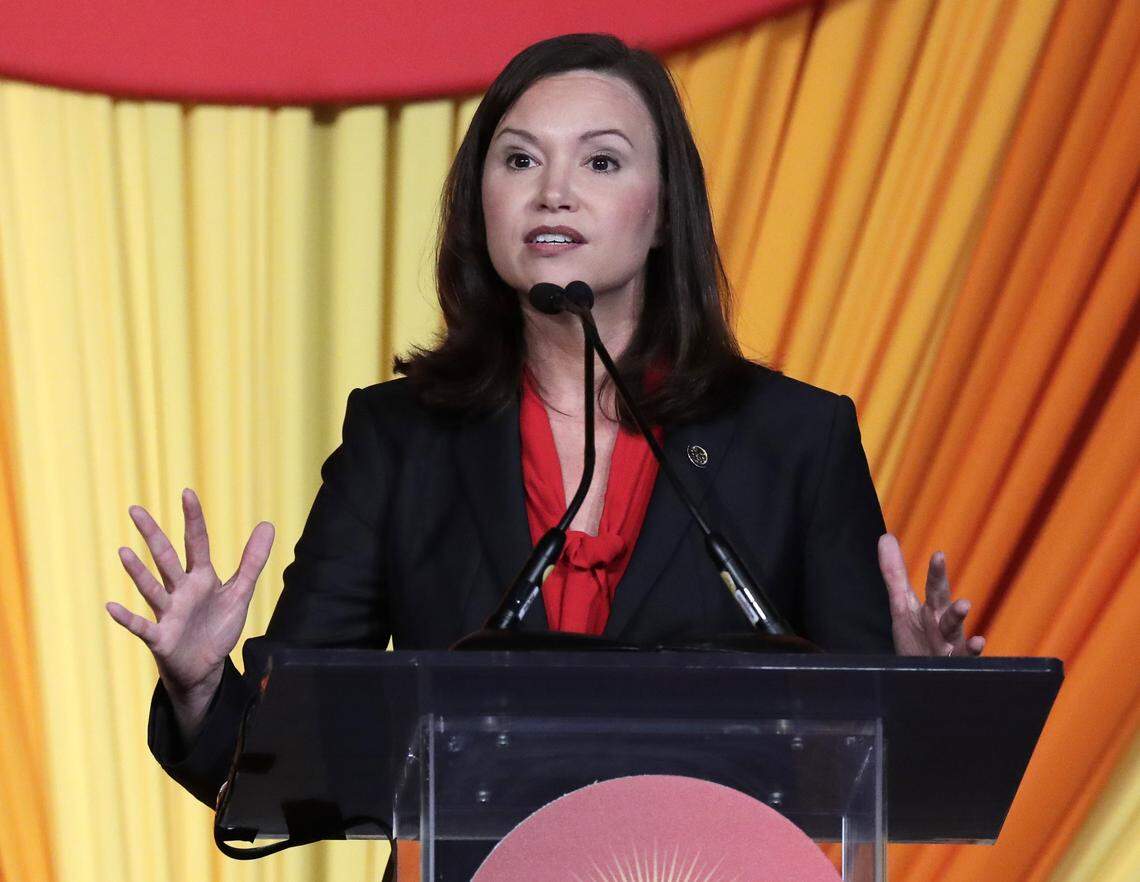 Ashley Moody, candidate for attorney general, speaks at the Republican Sunshine Summit Friday, June 29, 2018, in Kissimmee, Fla.