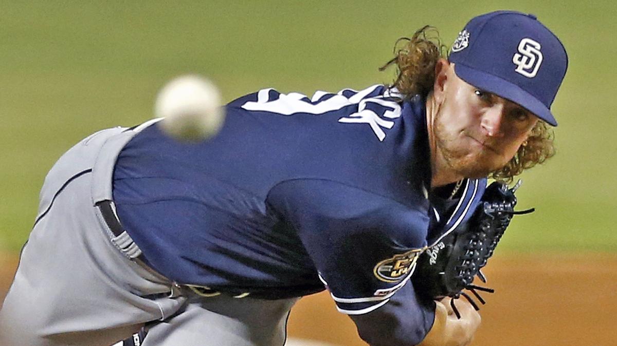 San Diego Padres starting pitcher Chris Paddack (59) pitches in the sixth inning as the Miami Marlins play the San Diego Padres at Marlins Park on Wednesday, July 17, 2019.