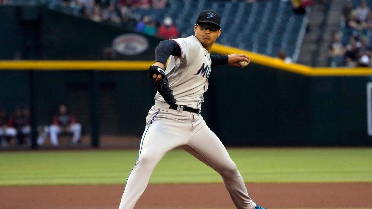 Miami Marlins pitcher Jesus Luzardo throws against the Arizona Diamondbacks in the first inning during a baseball game, Tuesday, May 10, 2022, in Phoenix. (AP Photo/Rick Scuteri)