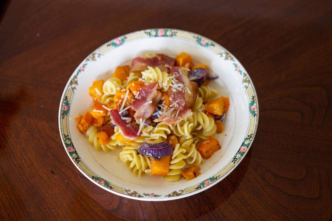 Pasta with bacon, Parmesan and butternut squash.