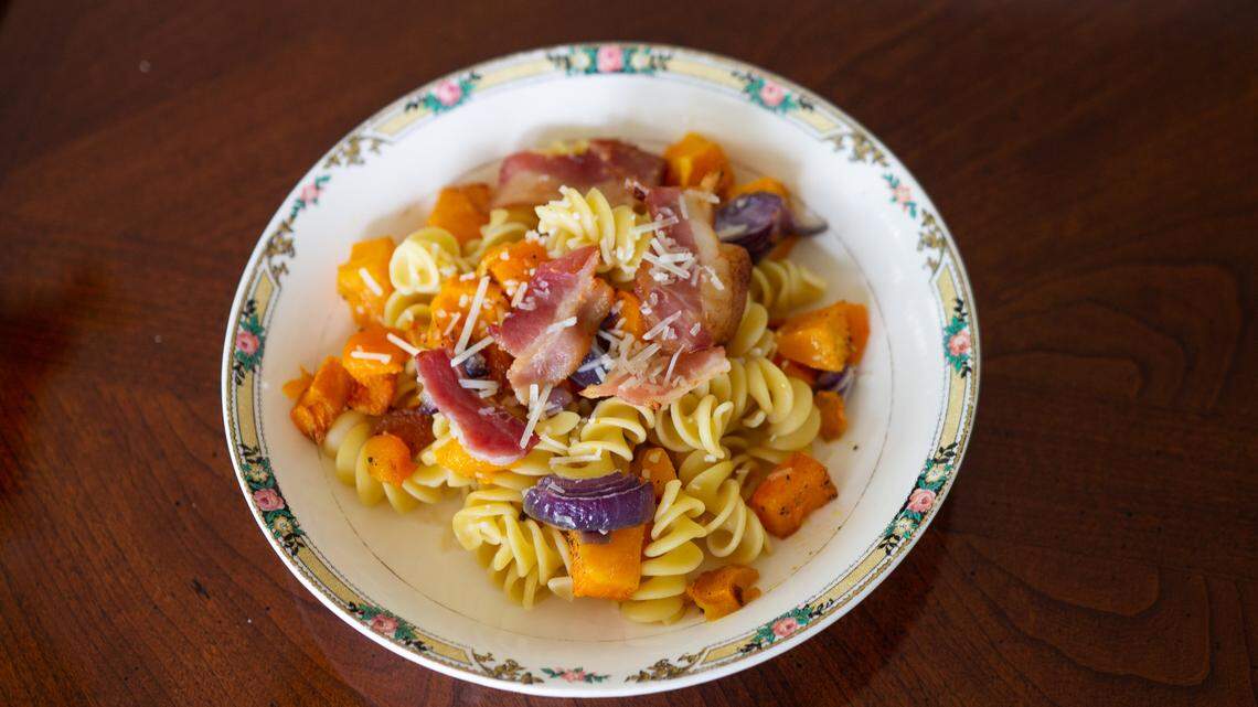 Pasta with bacon, Parmesan and butternut squash.