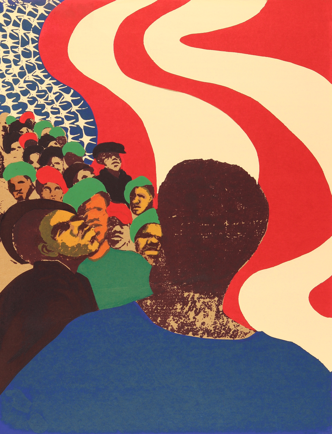 “Nation Time (gang members with berets and flag),” a 1970 screenprint by Barbara Jones-Hugu. From “AfriCobra,” on show through March 24, 2019, at MOCA-North Miami.