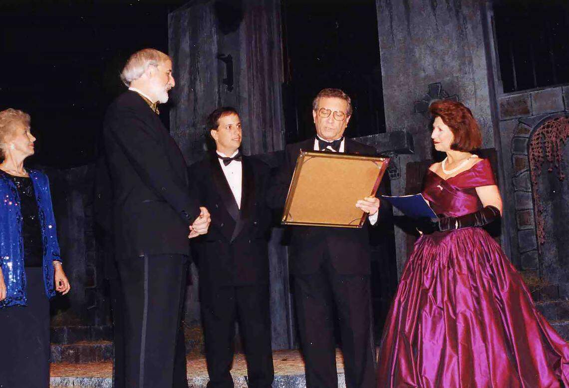 Coral Gables Mayor Dorothy Thomson, Actors’ Playhouse’s Lawrence Stein, Coral Gables Commissioner William Kerdyk Jr. and Actors’ Playhouse’s Barbara Stein accept a proclamation from the office of Miami-Dade Mayor Alex Penelas on opening night of “Man of La Mancha” and the Miracle Theatre’s debut as Actors’ Playhouse on Nov. 17, 1995.