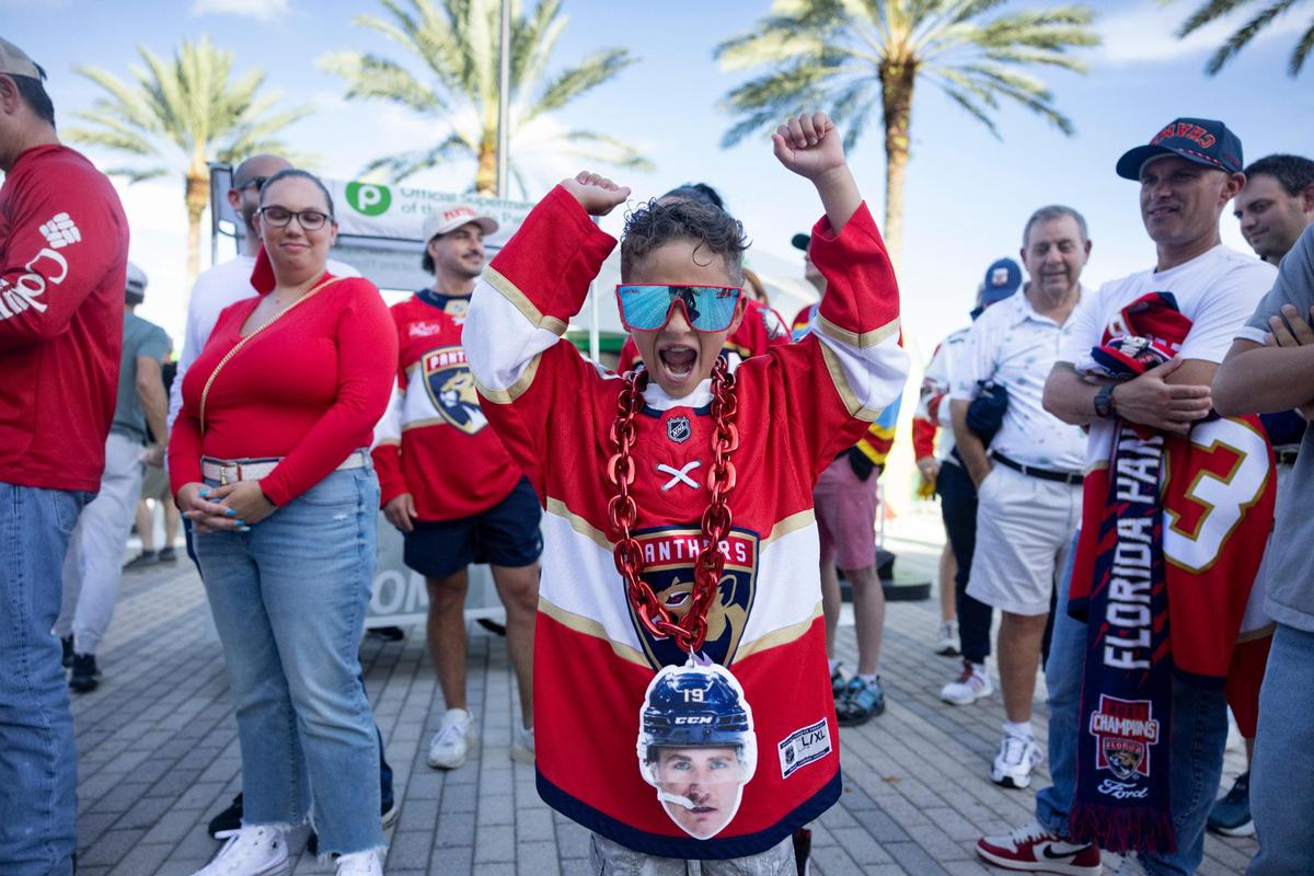 Killian Dorsette, 8, cheers before the NHL Stanley Cup Final series against the Edmonton Oilers at Amerant Bank Arena on Tuesday, June 17, 2025 in Sunrise, Fla.