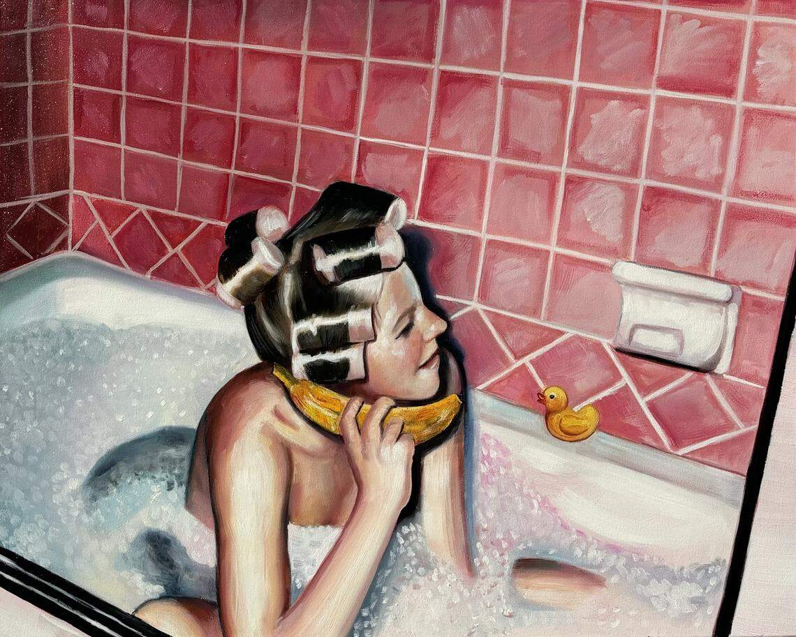 Leah Mendez’s “Teen on the Phone in the Bathtub” painting will be on display at the Goodtime Hotel.