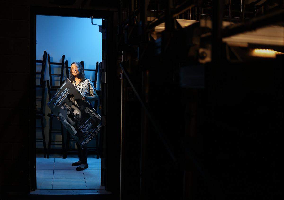 Shirley Richardson, co-founder of M Ensemble, in the doorway of the Sandrell Rivers Theater, where the group is the resident theater company. Richardson said that M Ensemble, Florida’s oldest Black theater group, will weather the financial storm this season. ‘We have learned how to survive,’ she said.
