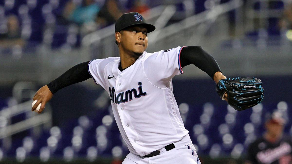 Miami Marlins pitcher Elieser Hernandez (57) pitches against the Washington Nationals during the second inning of their baseball game at loanDepot park on Thursday, August 26, 2021 in Miami, Florida.