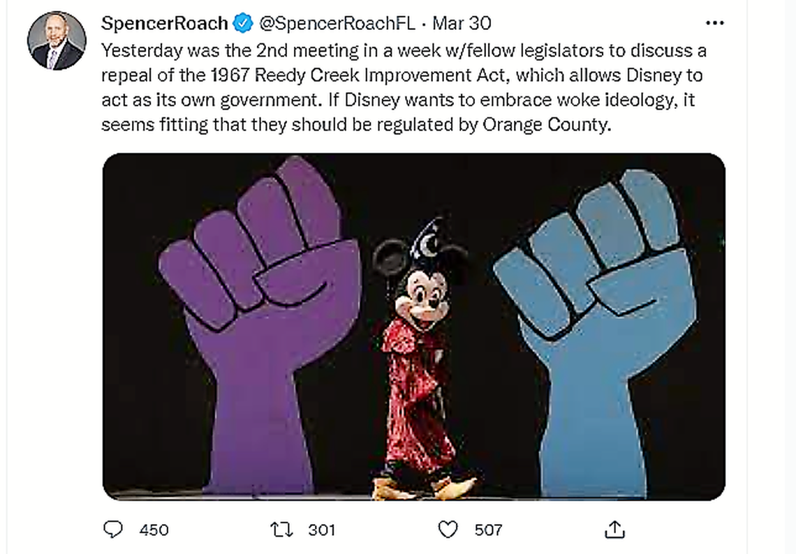 Screenshot of Rep. Spencer Roach, R-Ft. Myers, tweet threatening Disney World in Orlando with repeal of the 1967 Reedy Creek Improvement Act that allows the corporation to operate as its own government for political reasons. Roach said it was retaliation against the company’s criticism of the “Don’t Say Gay” schools bill, which he called “woke ideology.”